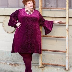 Kaktus Burgundy Burnout Velvet Dress with Bell Sleeves, size 4x